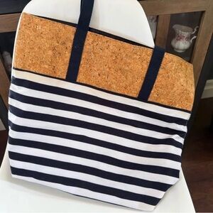 Thirty-One Navy Striped Tote with Cork Accent